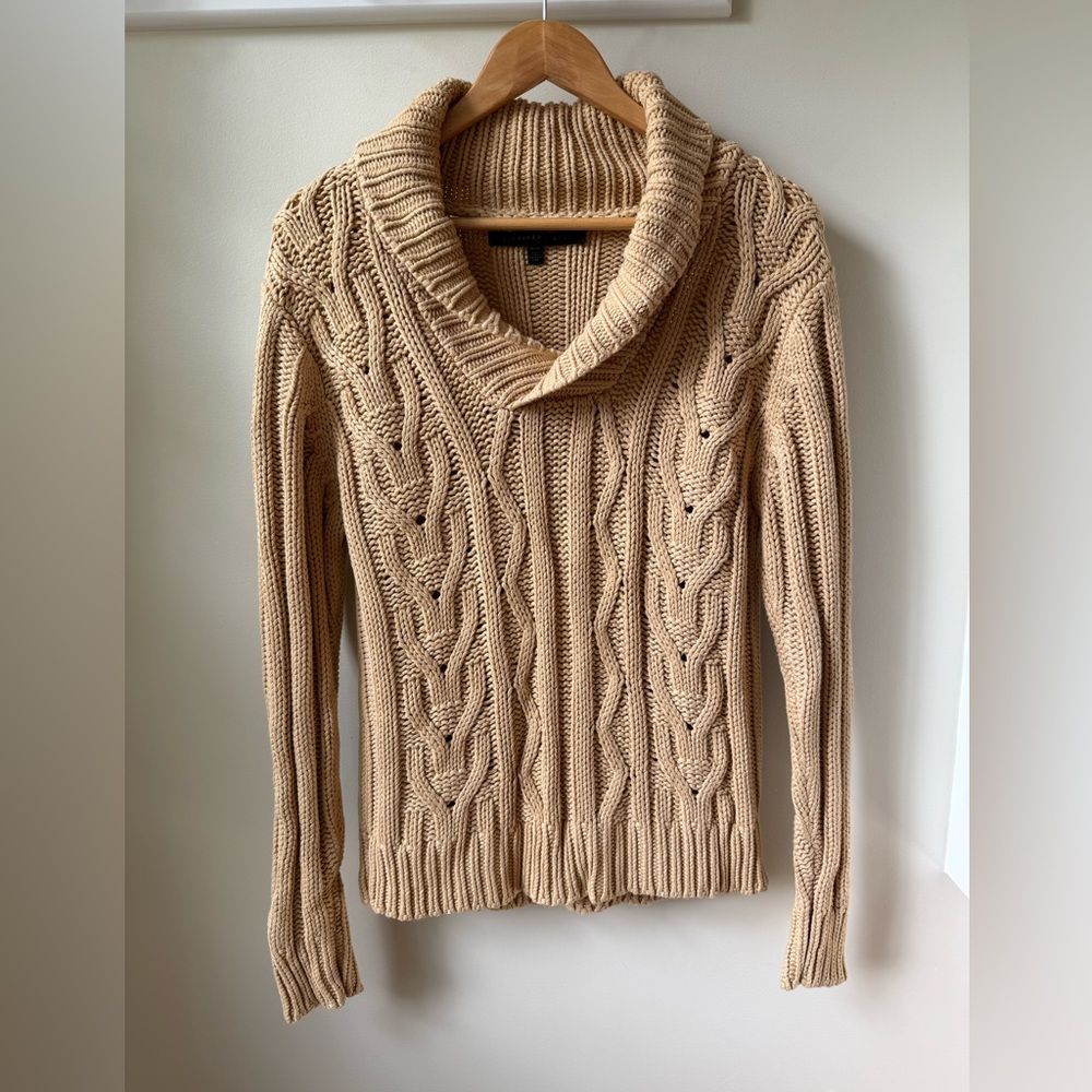 STANDARD‎ CLOTH Cabled Shawl Neck Sweater Chunky Ribbed Classic Preppy Coastal M